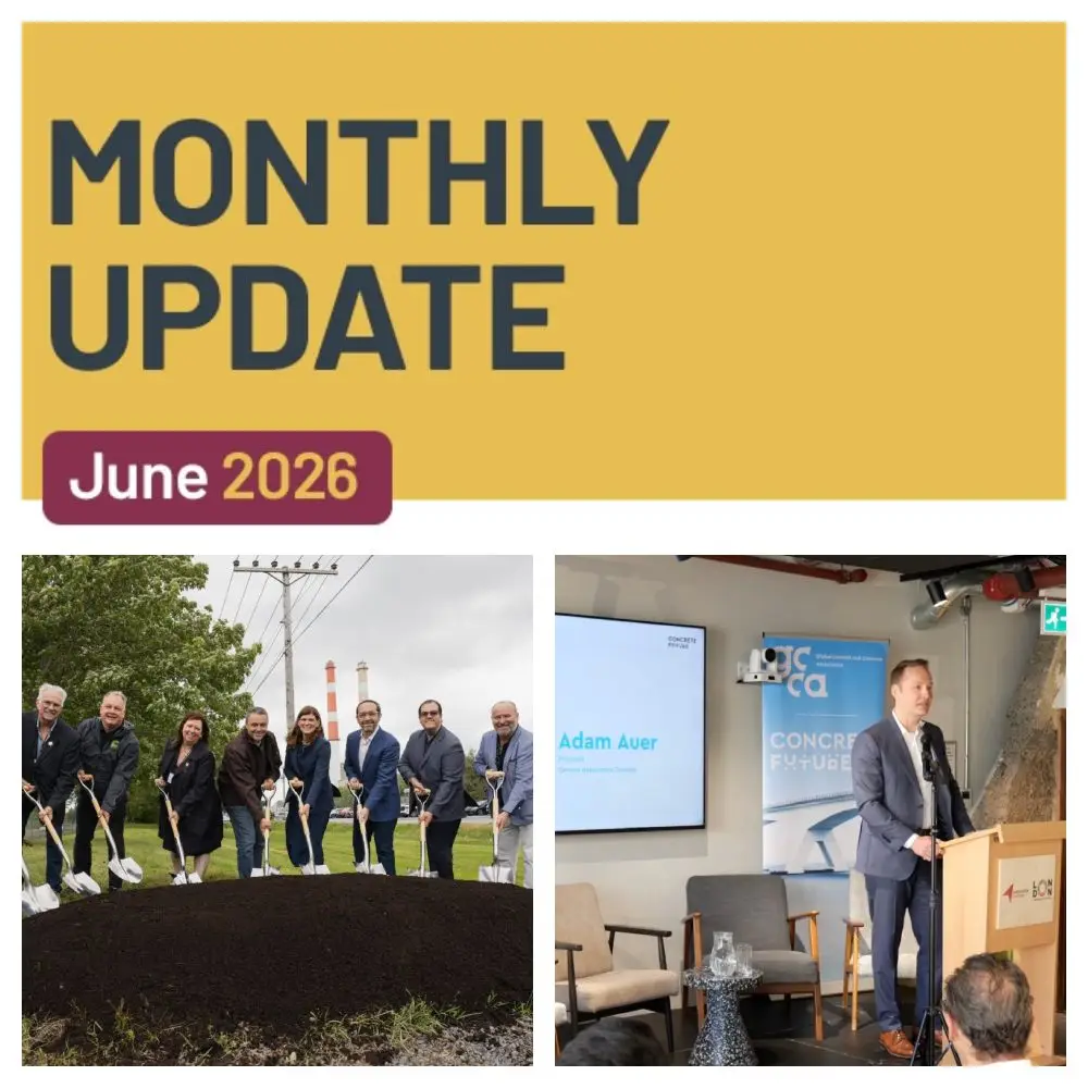 Monthly Update: June 2026. A group of people ceremonially shovelling for the launch of Amrize's cement plant modernization. Adam Auer speaking at the GCCA's London Climate Week event.