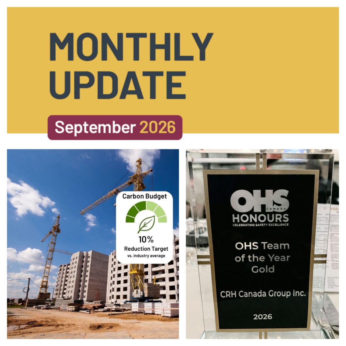 The September CAC Monthly banner, with pictures of the carbon project budgeting webpage and CRH Canada’s safety award.
