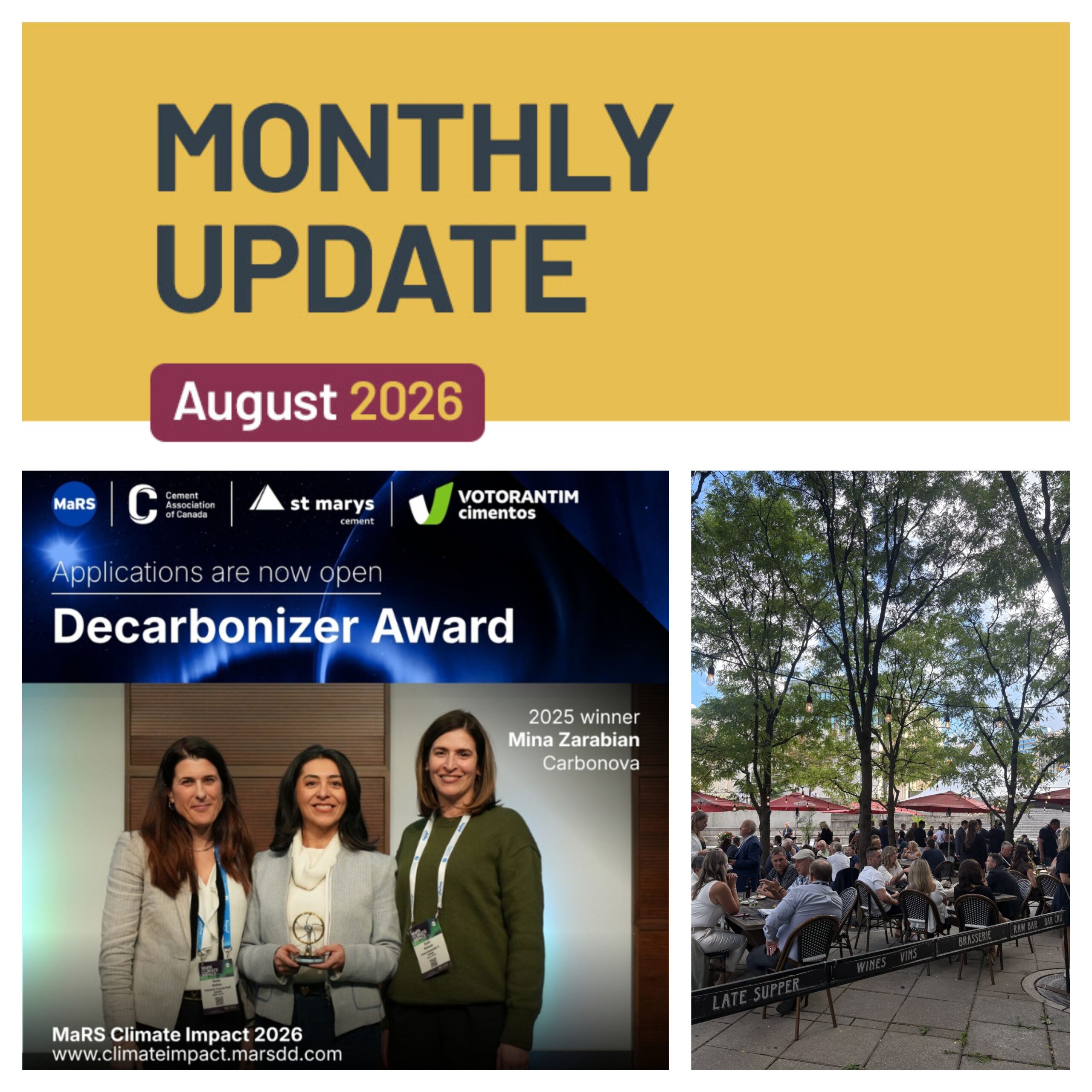 August CAC Monthly Banner featuring the MaRS Decarbonizer Award and a picture from the Association of Municipalities of Ontario Reception